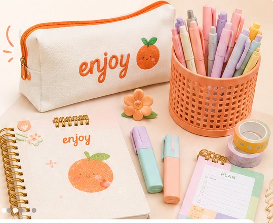 Selección de papelería Naranjita con cartuchera, cuadernos y marcadores